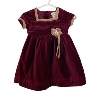 Vintage B.T. Kids Velvet Dress, burgundy, Floral braid, girls 4